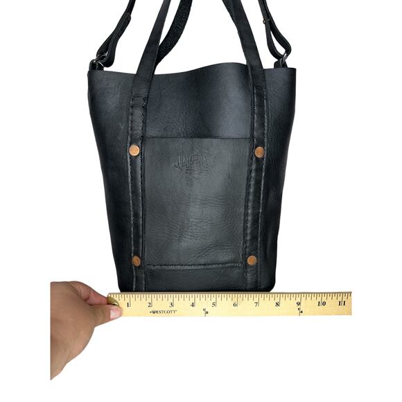 Haiti Made Mini Travay Upright Saddle Black Leather Tote Bag Purse Front Pocket - Picture 10 of 12